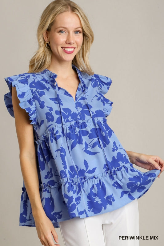 Split Neck Graphic Floral Print Top in PERIWINKLE MIX