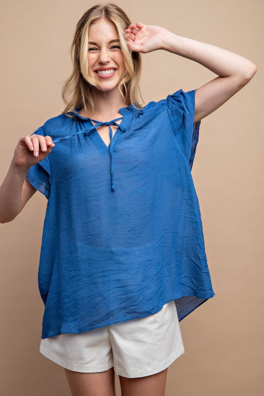 Triple Ruffle Sleeve V-Neck Top with Front Tie in Blue